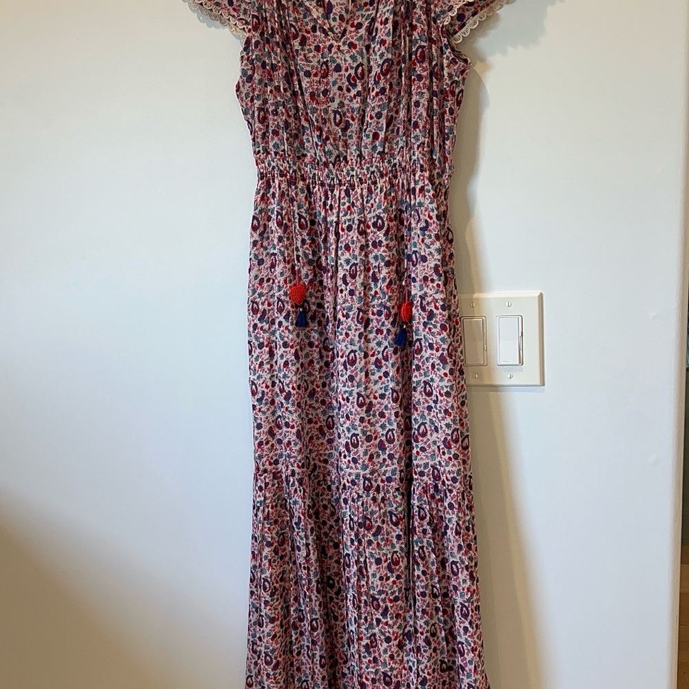 Bell Floral Maxi Dress with Beaded Tassels and lace capped sleeve